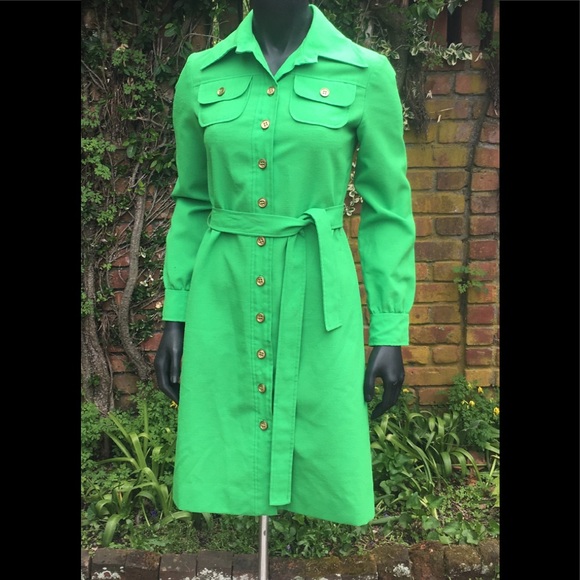 Bonwitt teller vntg green button down belt dress - Picture 1 of 8
